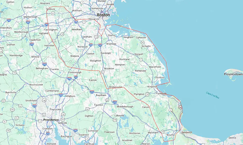 Map of eastern Massachusetts coastline showing Boston and Providence, labeled towns, highways, Cape Cod Bay, and a red dashed boundary.