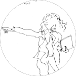 Circular line drawing of a person with long hair pointing left with an outstretched arm, holding a tablet or clipboard in the other hand.